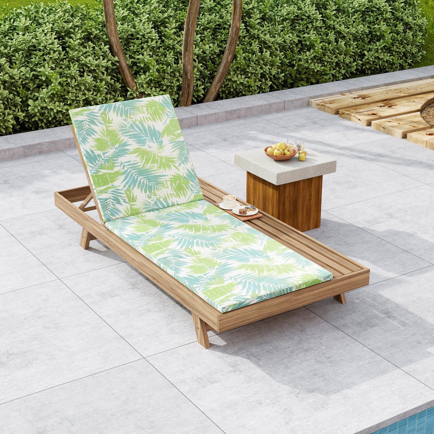 Outdoor lounge chaise set, 2 light brown acacia chaises with leaf coconut cushions on Tampa Home & Garden Store