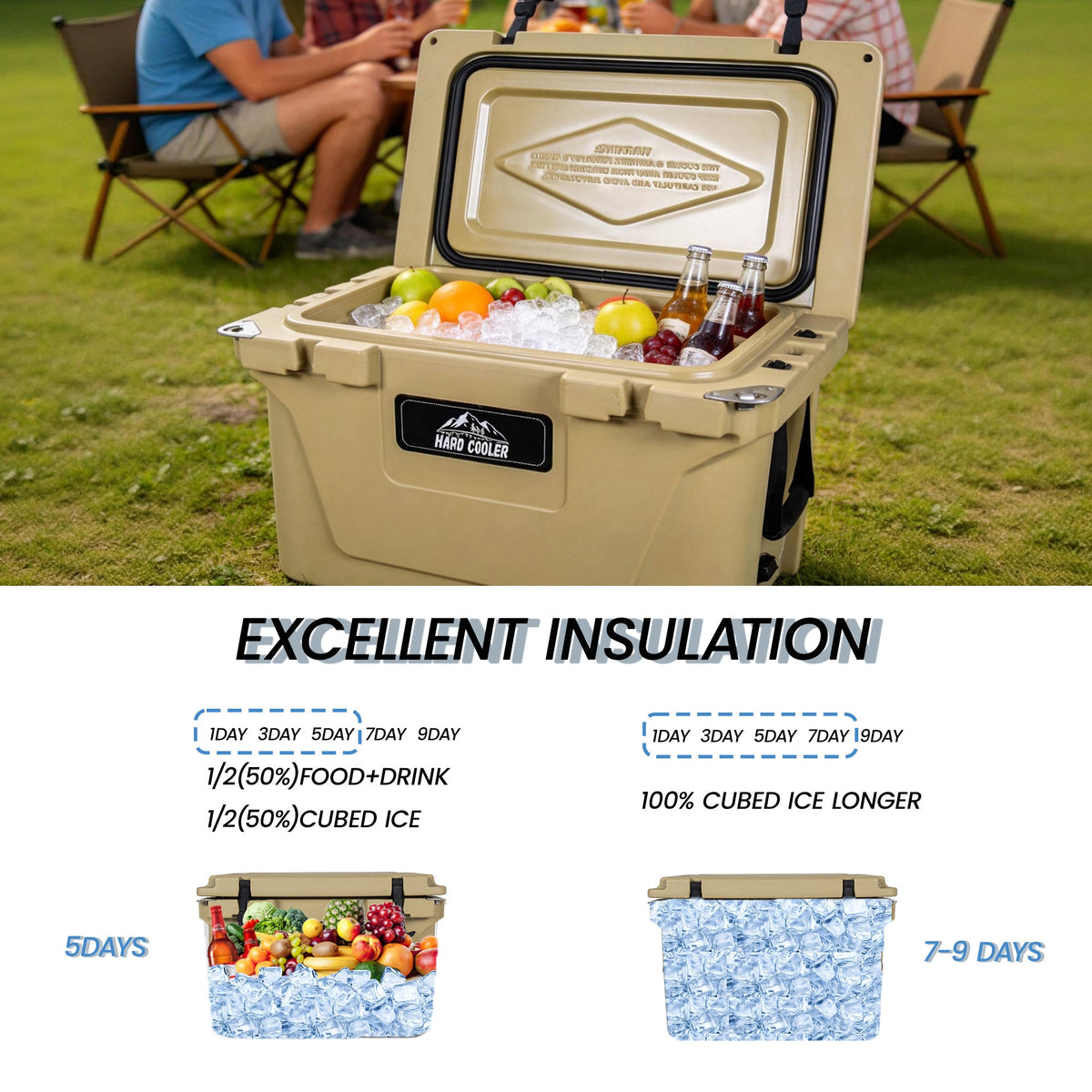 Khaki 65QT Ice Cooler Box by HouseOfZazla heavy-duty, open lid with ice and drinks on Tampa Home & Garden Store