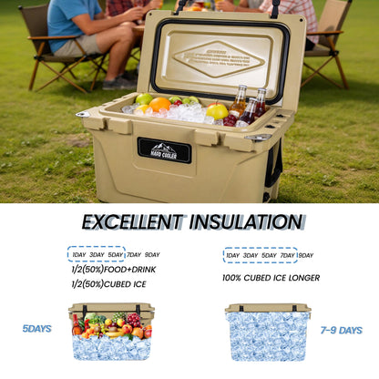 Khaki 65QT Ice Cooler Box by HouseOfZazla heavy-duty, open lid with ice and drinks on Tampa Home & Garden Store