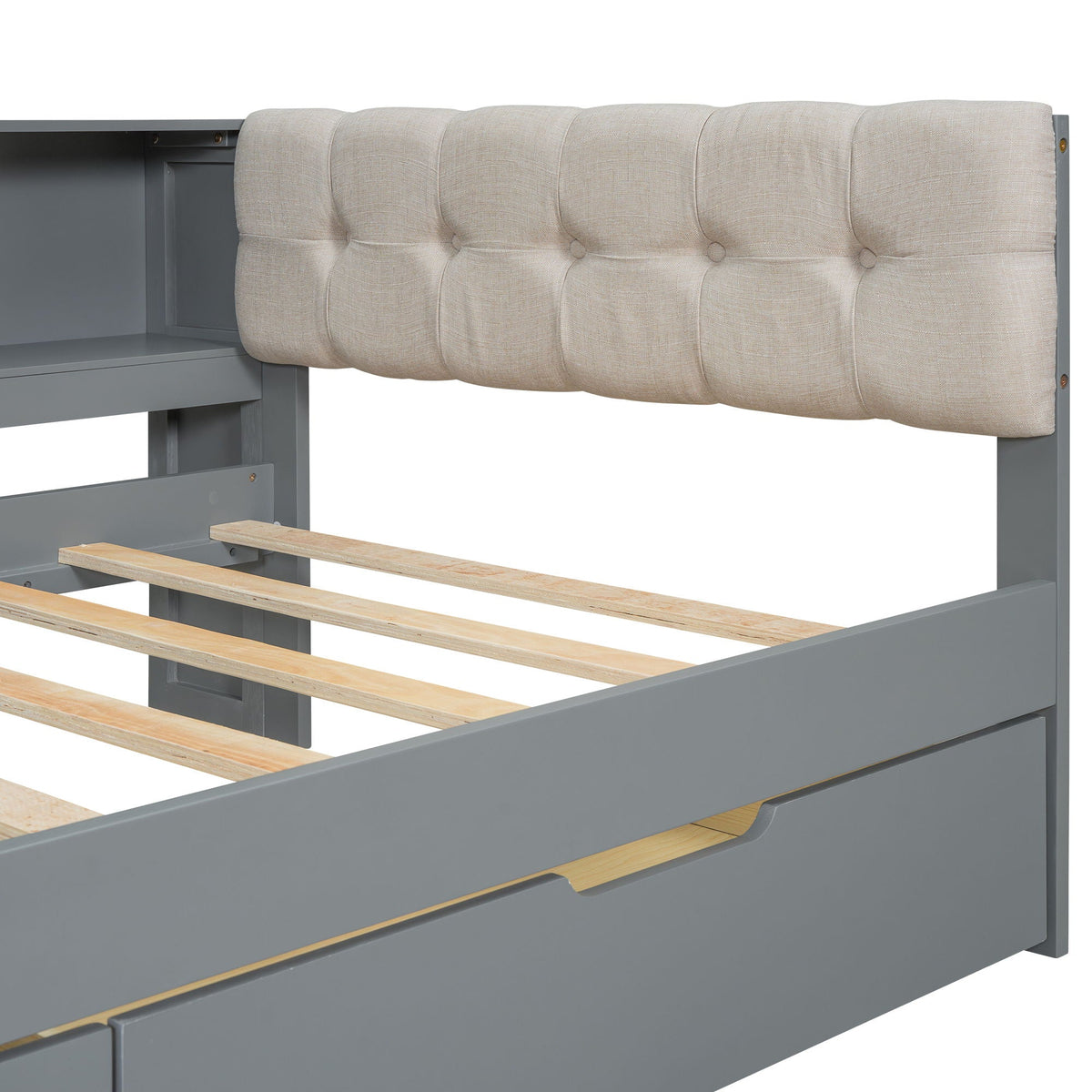 Upholstered headboard platform bed with gray frame and built-in storage shelves by HouseOfZazla on Tampa Home & Garden Store