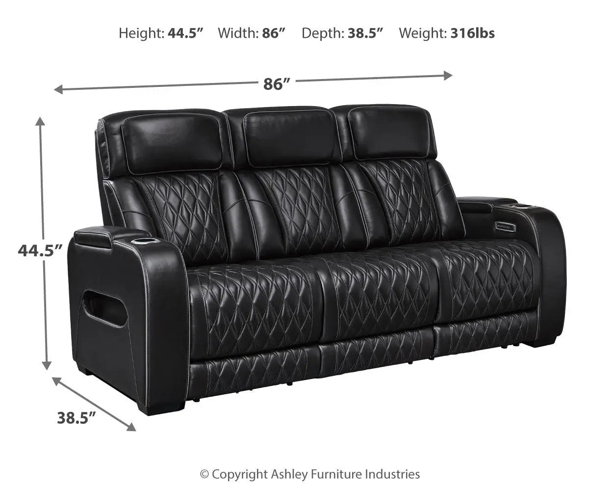 Boyington power reclining sofa with adjustable headrests in black quilted leather Unique Piece on Tampa Home & Garden Store
