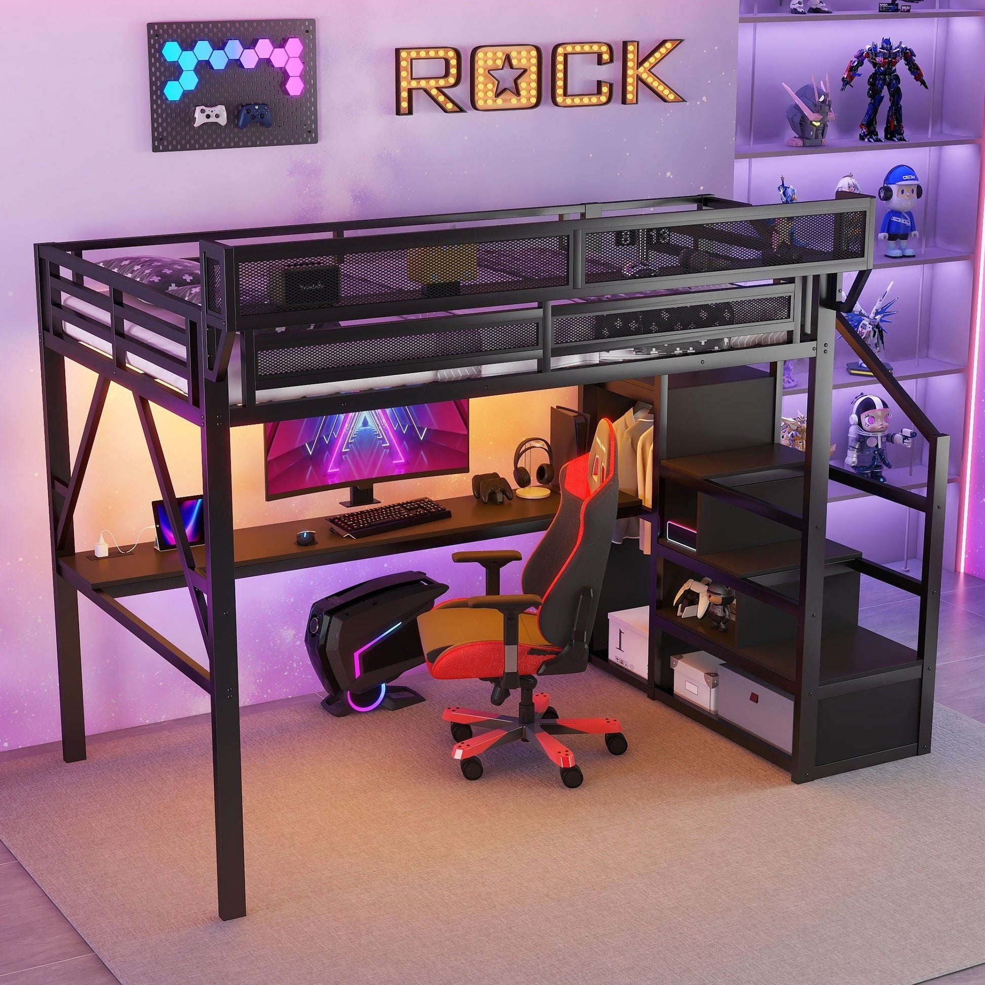 Loft bed with desk and charging station, black metal frame, stairs and purple LED lighting on Tampa Home & Garden Store