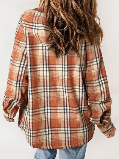 Plaid Snap Down Plush Hooded Jacket Women Warm