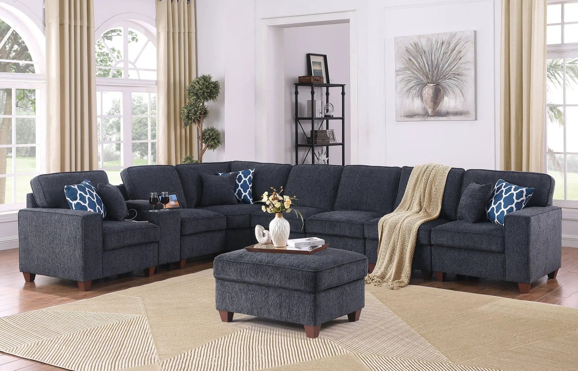 Lily sectional sofa with ottoman in black fabric, 2-piece living room set with blue pillows on Tampa Home & Garden Store