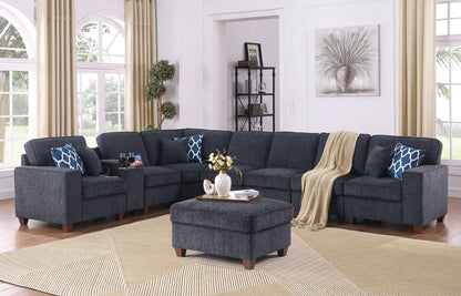 Lily sectional sofa with ottoman in black fabric, 2-piece living room set with blue pillows on Tampa Home & Garden Store