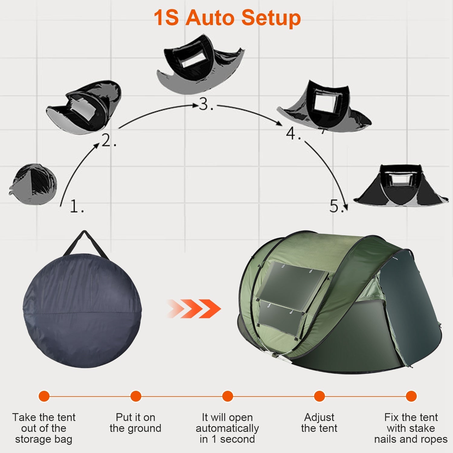 GemGear 3-4 Person Pop-Up Tent automatic setup, waterproof, 2 mosquito-net windows, carrying bag on Tampa Home & Garden Store