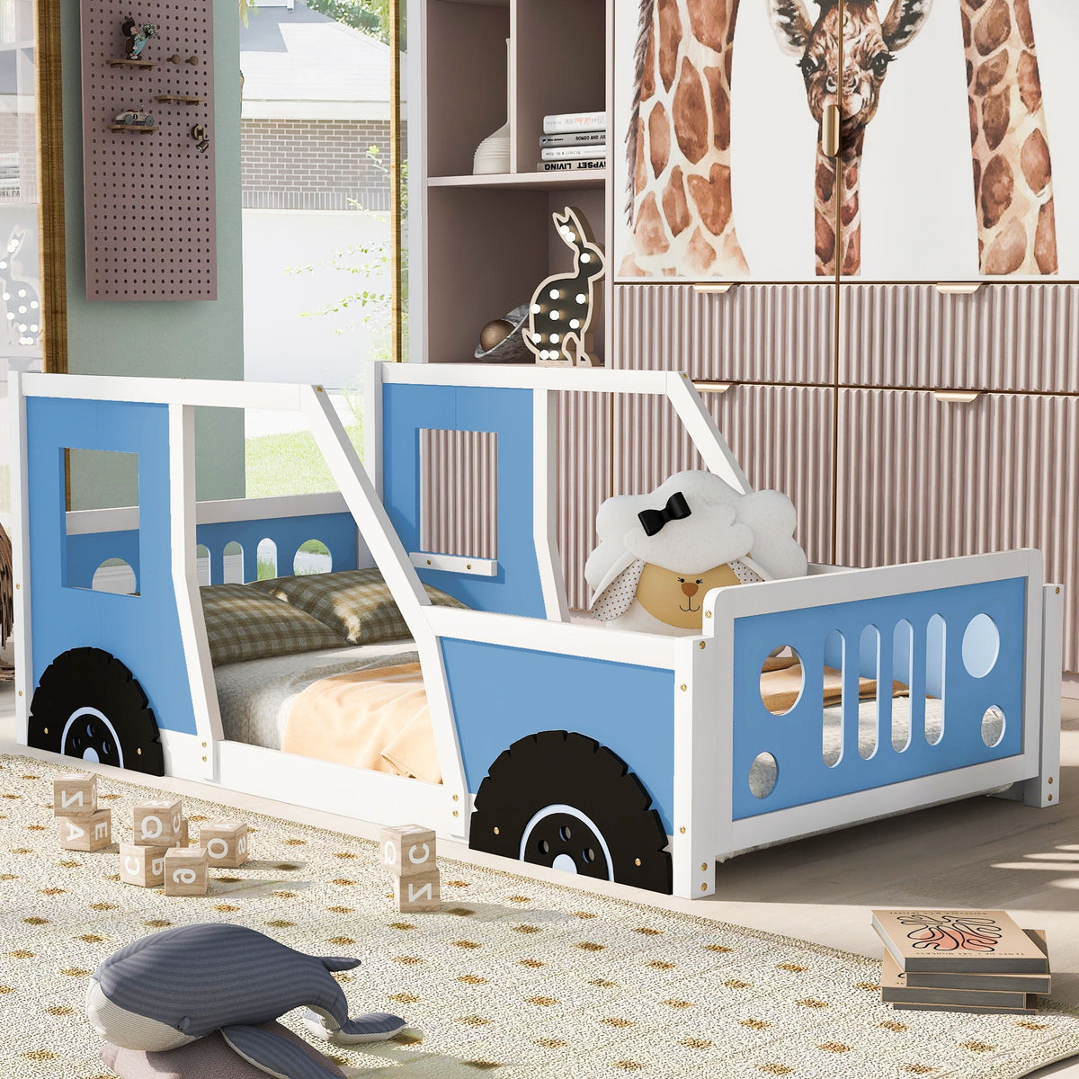 HouseOfZazla Classic Car Shaped Platform Bed With Wheels blue beds for kids on Tampa Store on Tampa Home & Garden Store