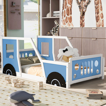 HouseOfZazla Classic Car Shaped Platform Bed With Wheels blue beds for kids on Tampa Store on Tampa Home & Garden Store