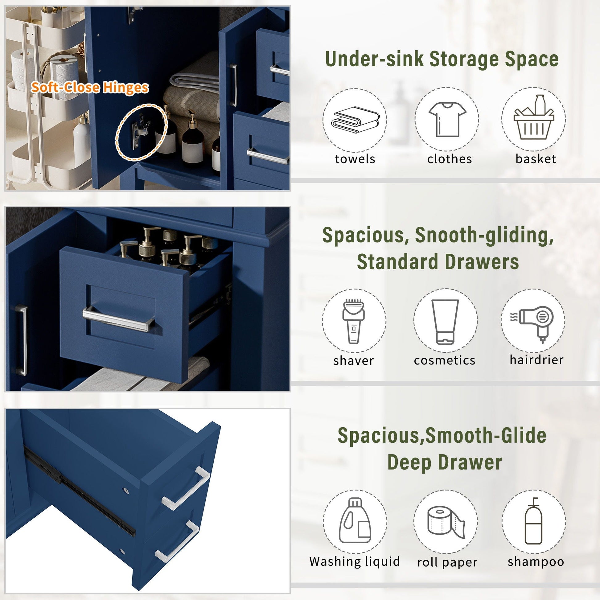 Blue modern bathroom vanity by HouseOfZazla with sink, soft-close doors, deep drawers on Tampa Home & Garden Store