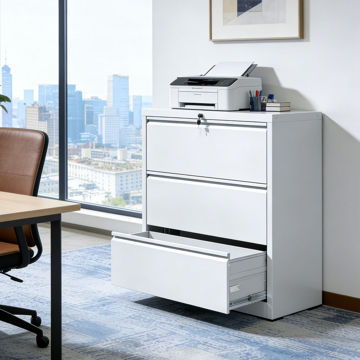 Lateral filing cabinet with locking top drawer, white metal finish, printer on top on Tampa Home & Garden Store