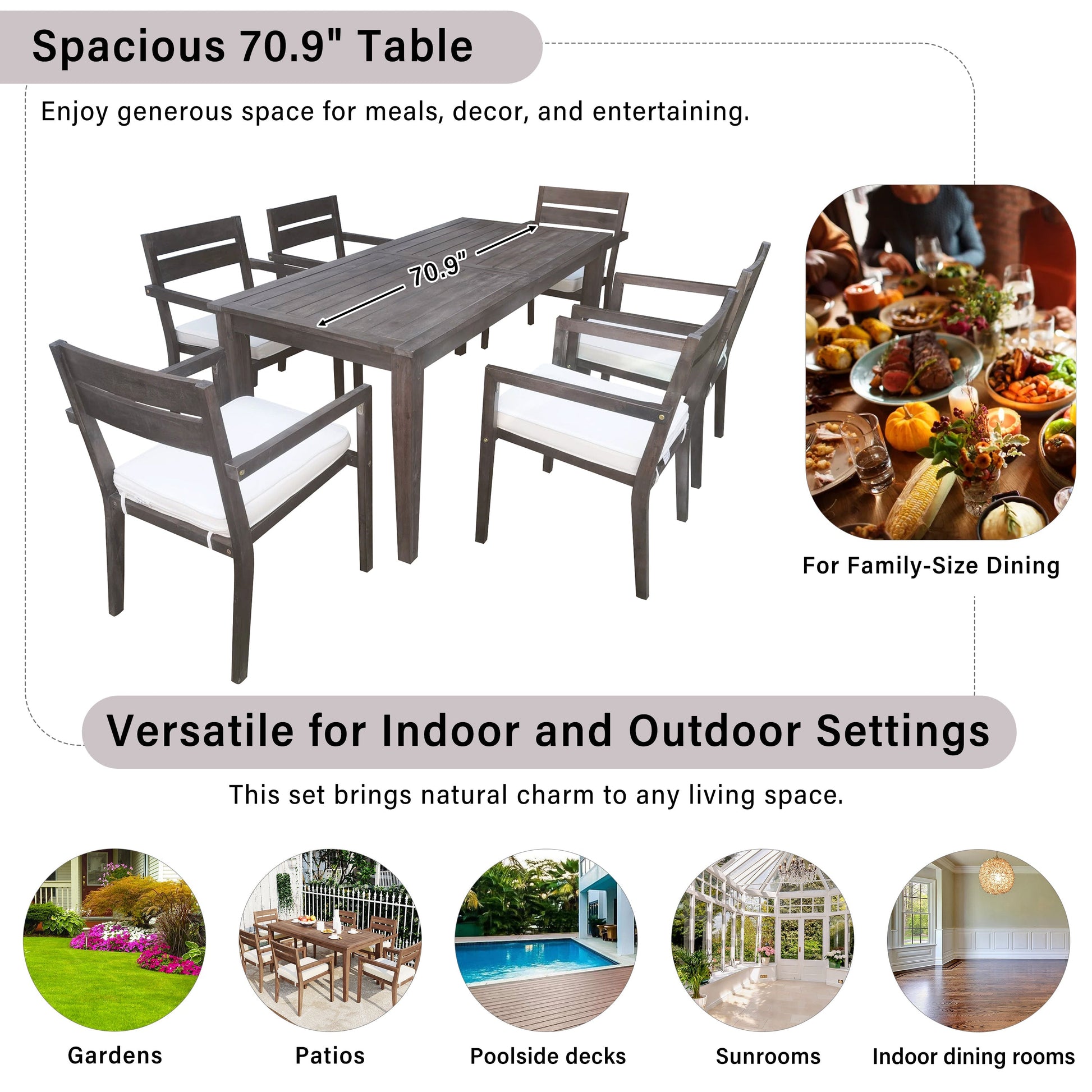 U_Style 7-piece Acacia Wood Outdoor Dining Set with Cushions, dark brown finish, six chairs on Tampa Home & Garden Store