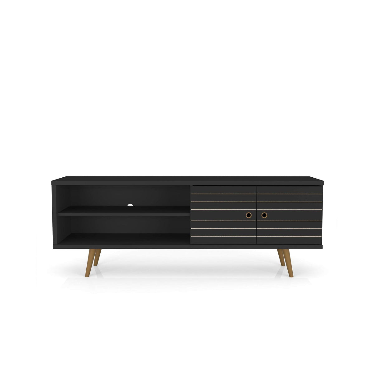 63in TV stand with solid wood legs in black, open shelf and hidden storage, HouseOfZazla on Tampa Home & Garden Store