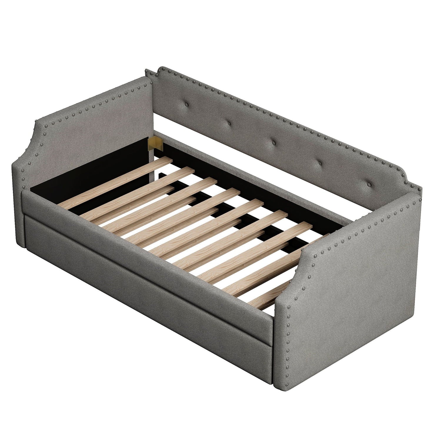 Upholstered Daybed With Trundle gray fabric with nailhead trim and wooden slats HouseOfZazla on Tampa Home & Garden Store