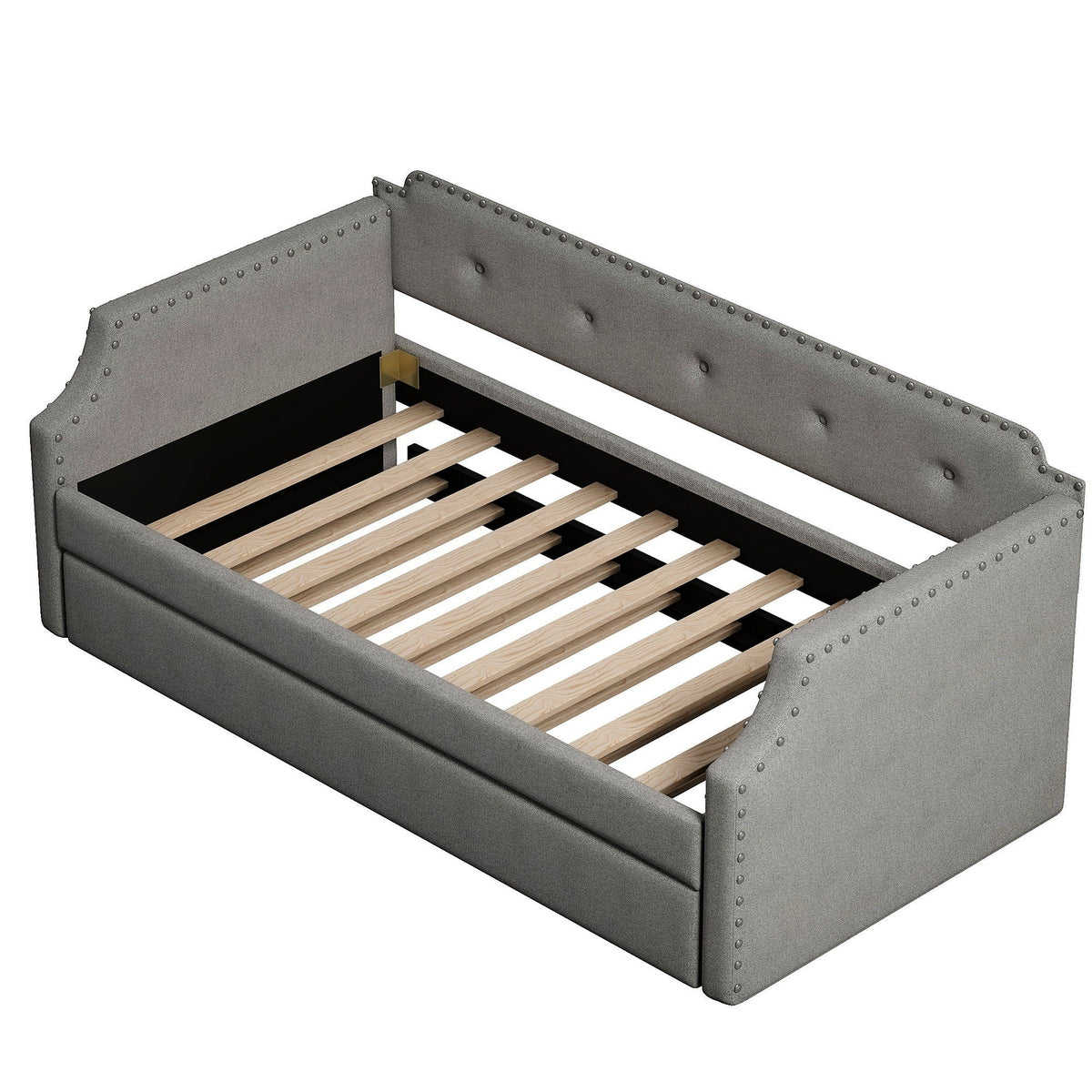 Upholstered Daybed With Trundle gray fabric with nailhead trim and wooden slats HouseOfZazla on Tampa Home & Garden Store