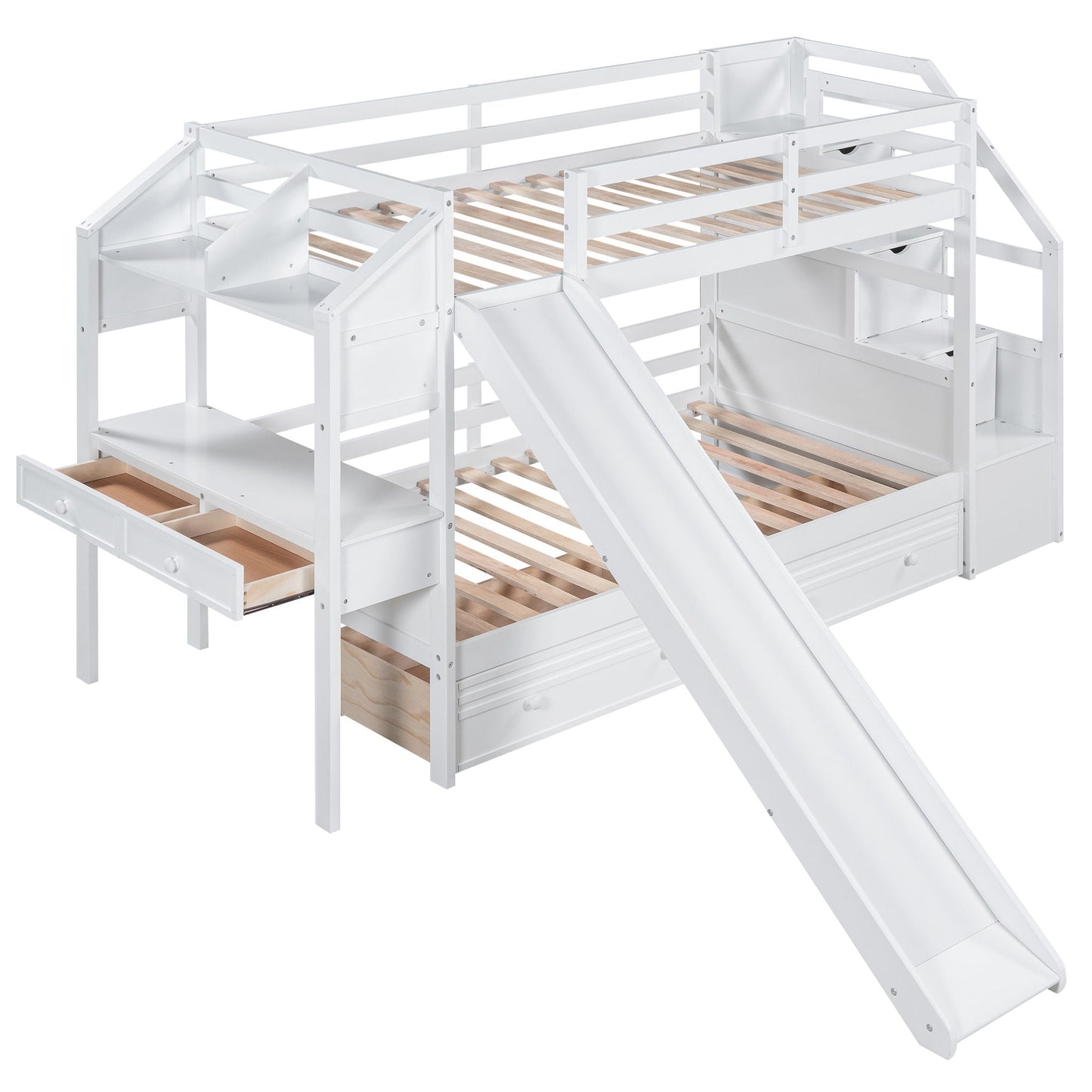 White bunk bed with storage staircase, slide, desk, drawers and shelves by HouseOfZazla on Tampa Home & Garden Store