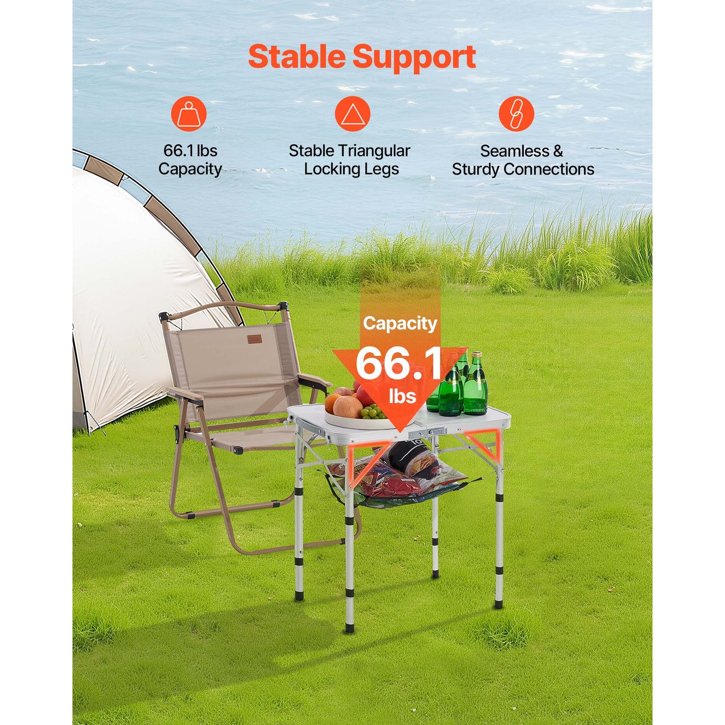 HouseOfZazla 2ft folding portable camping table with gear on a grassy campsite on Tampa Home & Garden Store