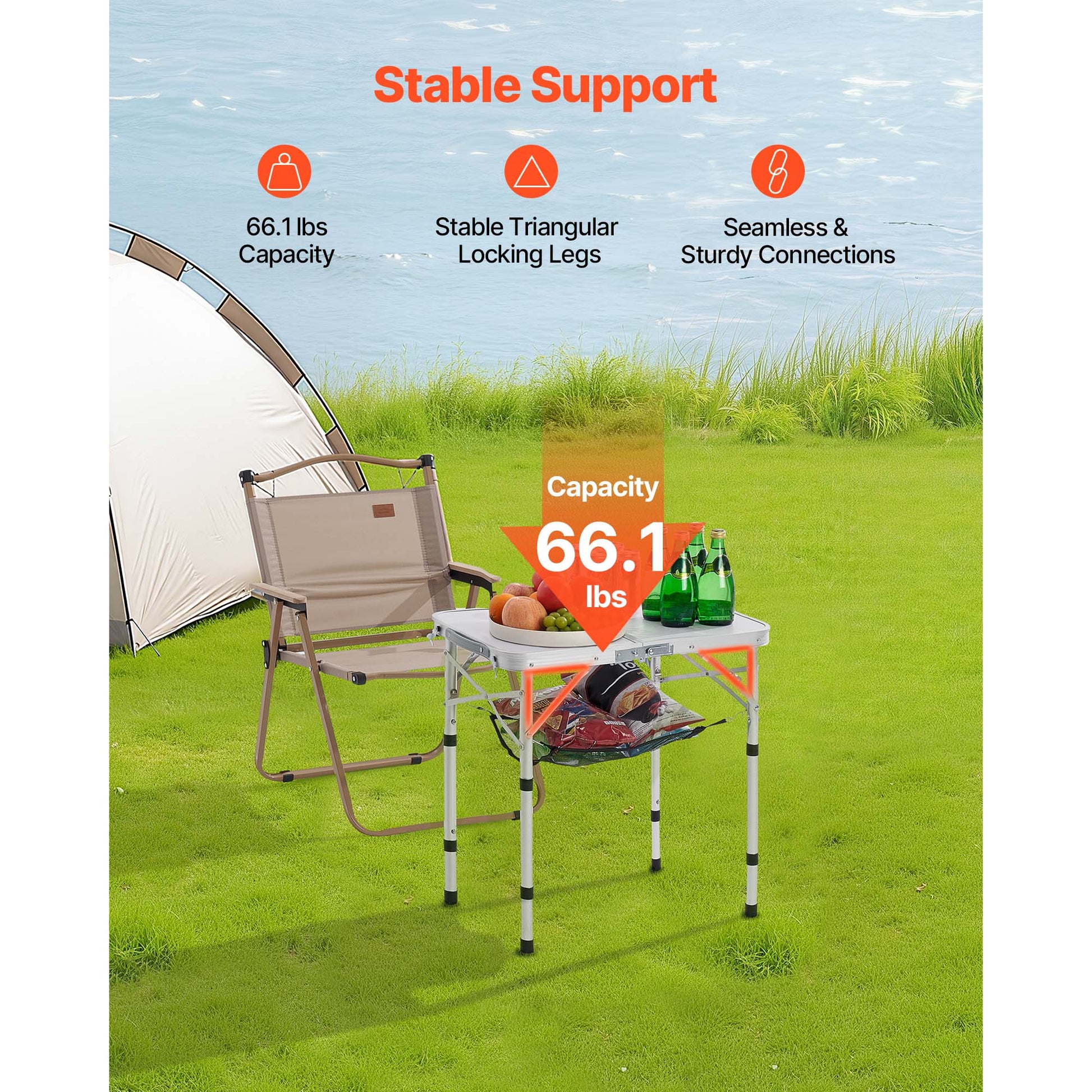HouseOfZazla 2ft folding portable camping table with gear on a grassy campsite on Tampa Home & Garden Store
