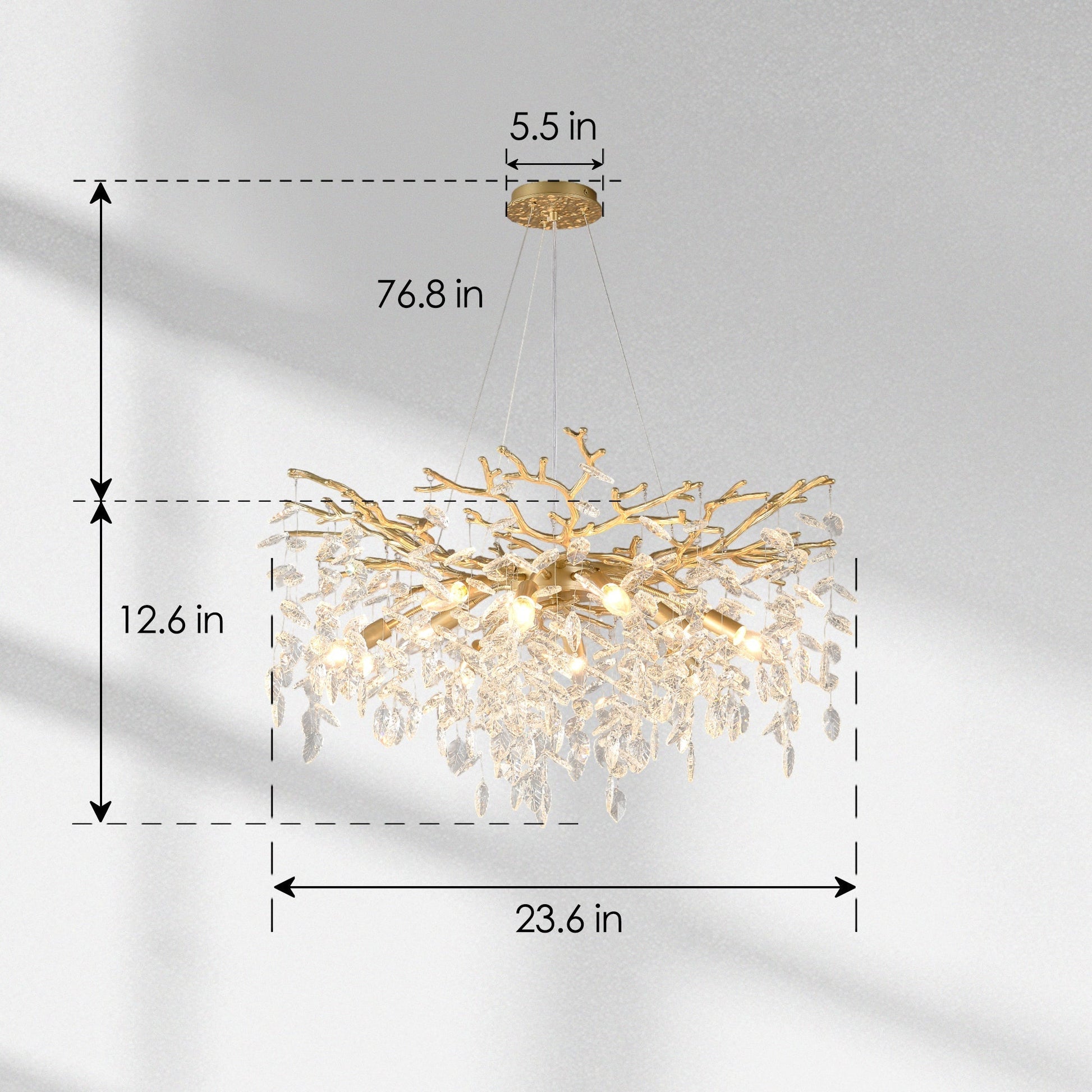 8-light crystal gold chandelier by HouseOfZazla with crystal branches for dining island use on Tampa Home & Garden Store