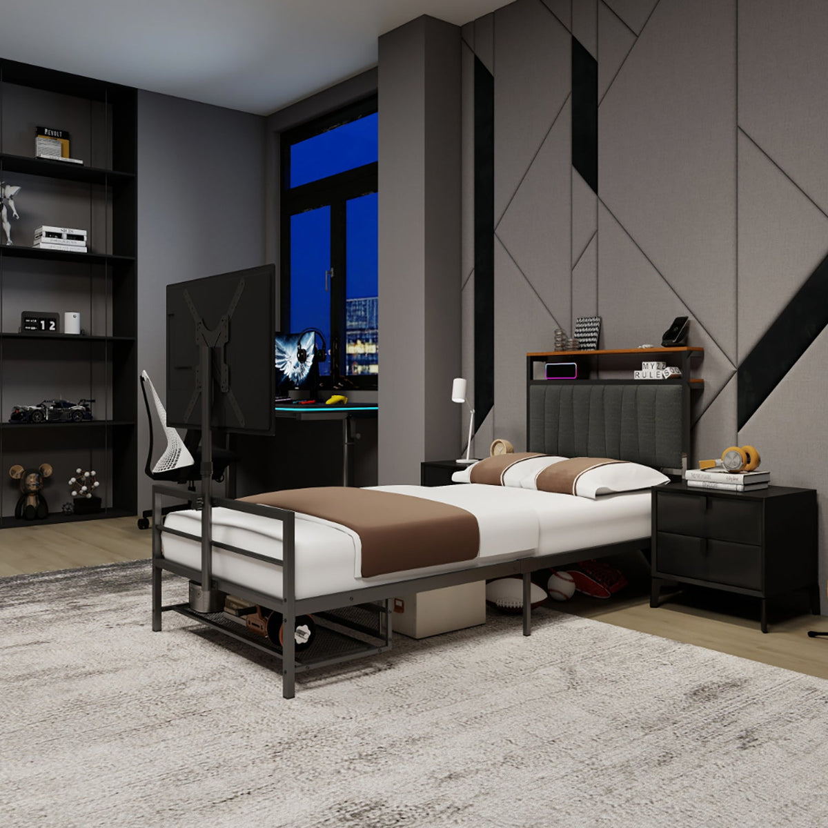 Twin size gaming bed with rotating TV mount and LED lighting, gray metal frame on Tampa Home & Garden Store