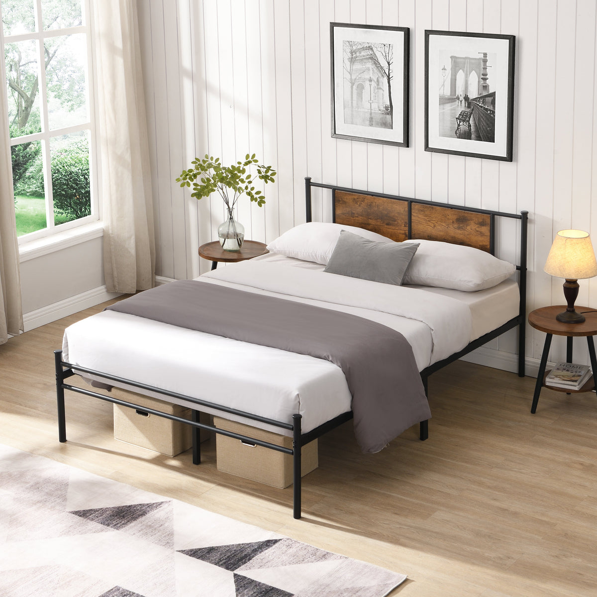 California King Bed Frame with wood panel headboard and black metal frame on Tampa Home & Garden Store