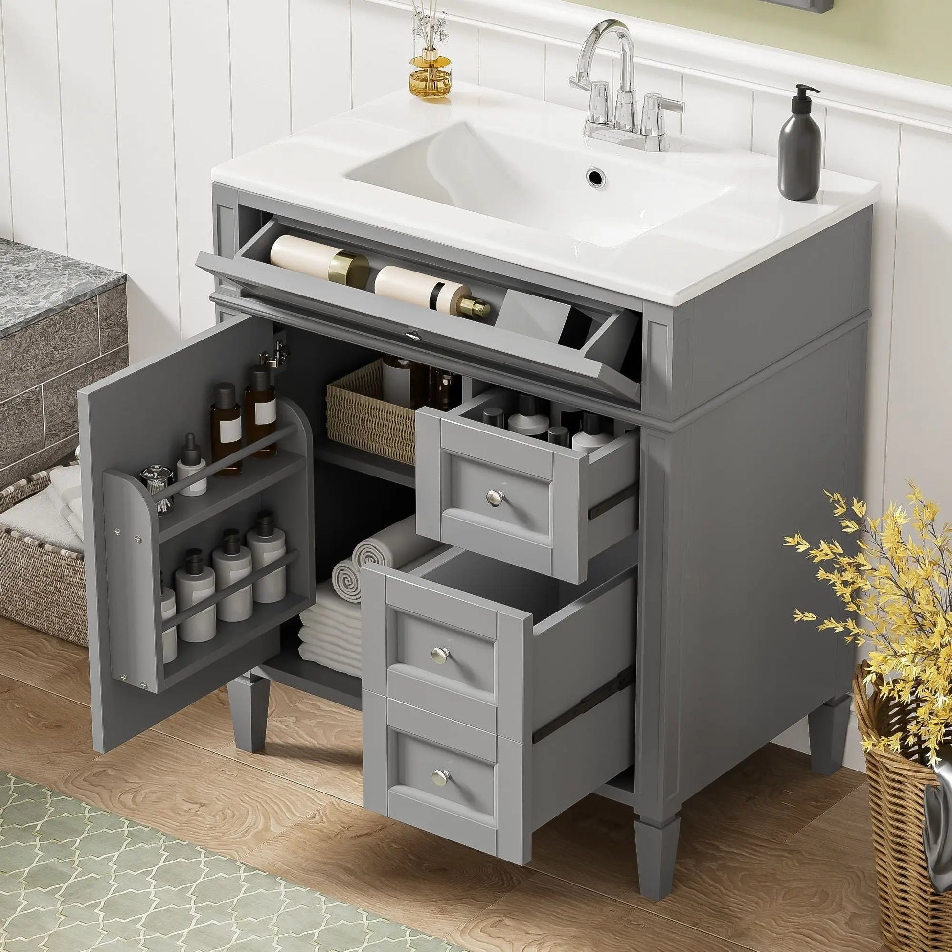 Bathroom vanity with top sink in gray, 2 drawers and tip-out by Unique Piece Furniture on Tampa Home & Garden Store