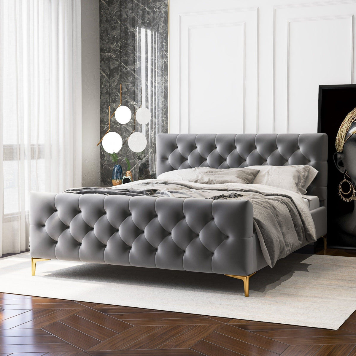 Elegant Design Upholstered Bed with solid wood frame in dark gray, tufted headboard on Tampa Home & Garden Store