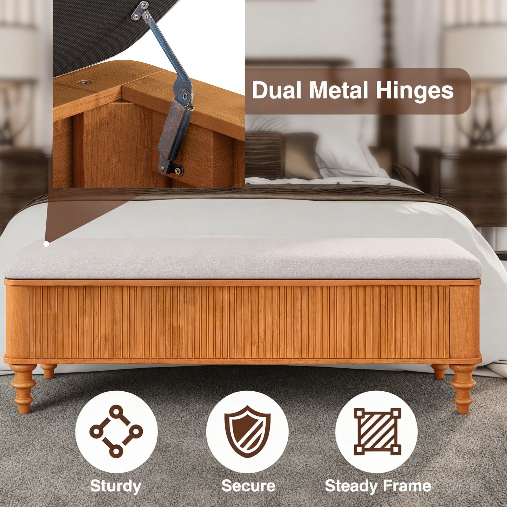50.8-Inch upholstered storage ottoman bench with gray fabric top and natural wood base dual metal hinges on Tampa Home & Garden Store