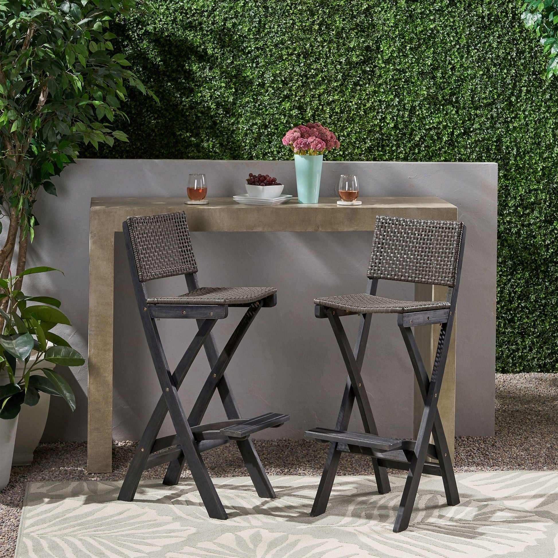 Outdoor folding acacia wood two bar stools with rattan backrests and seats by HouseOfZazla on Tampa Home & Garden Store