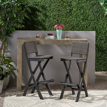 Outdoor folding acacia wood two bar stools with rattan backrests and seats by HouseOfZazla on Tampa Home & Garden Store