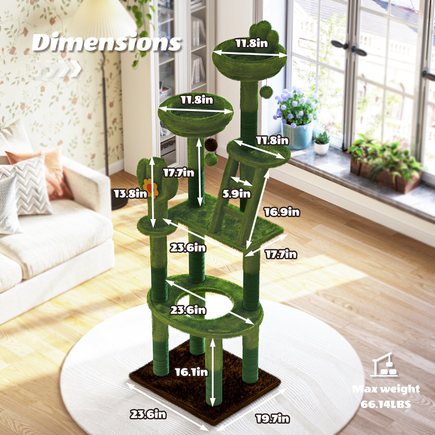 72in cactus cat tree tall cat tower by HouseOfZazla, green plush cactus texture for indoor cats on Tampa Home & Garden Store