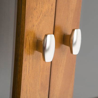 Warm Shaker handcrafted low storage cabinet in warm wood with silver curved handles on Tampa Home & Garden Store