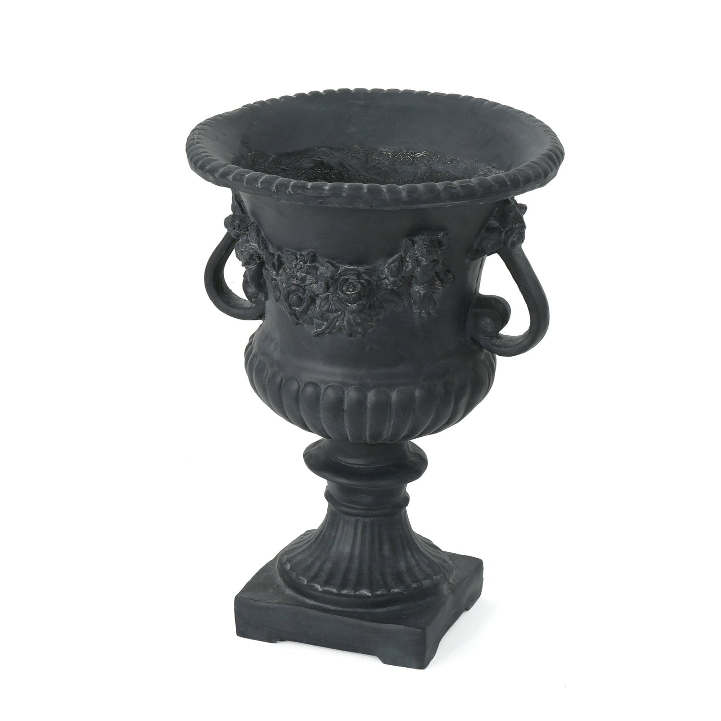 Buena Vista Urn planter black with ornate floral relief and braided rim by HouseOfZazla on Tampa Home & Garden Store