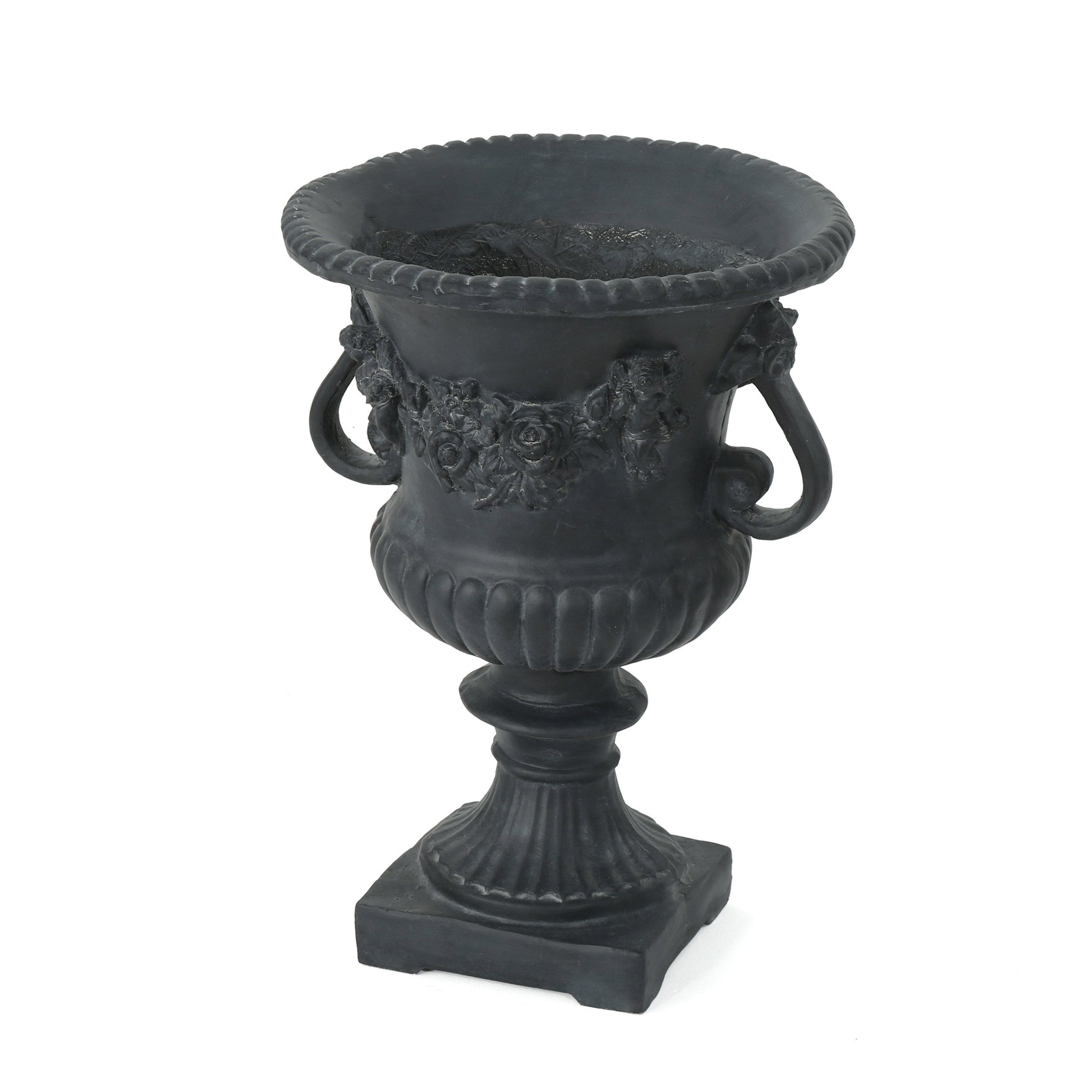 Buena Vista Urn planter black with ornate floral relief and braided rim by HouseOfZazla on Tampa Home & Garden Store