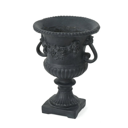Buena Vista Urn planter black with ornate floral relief and braided rim by HouseOfZazla on Tampa Home & Garden Store
