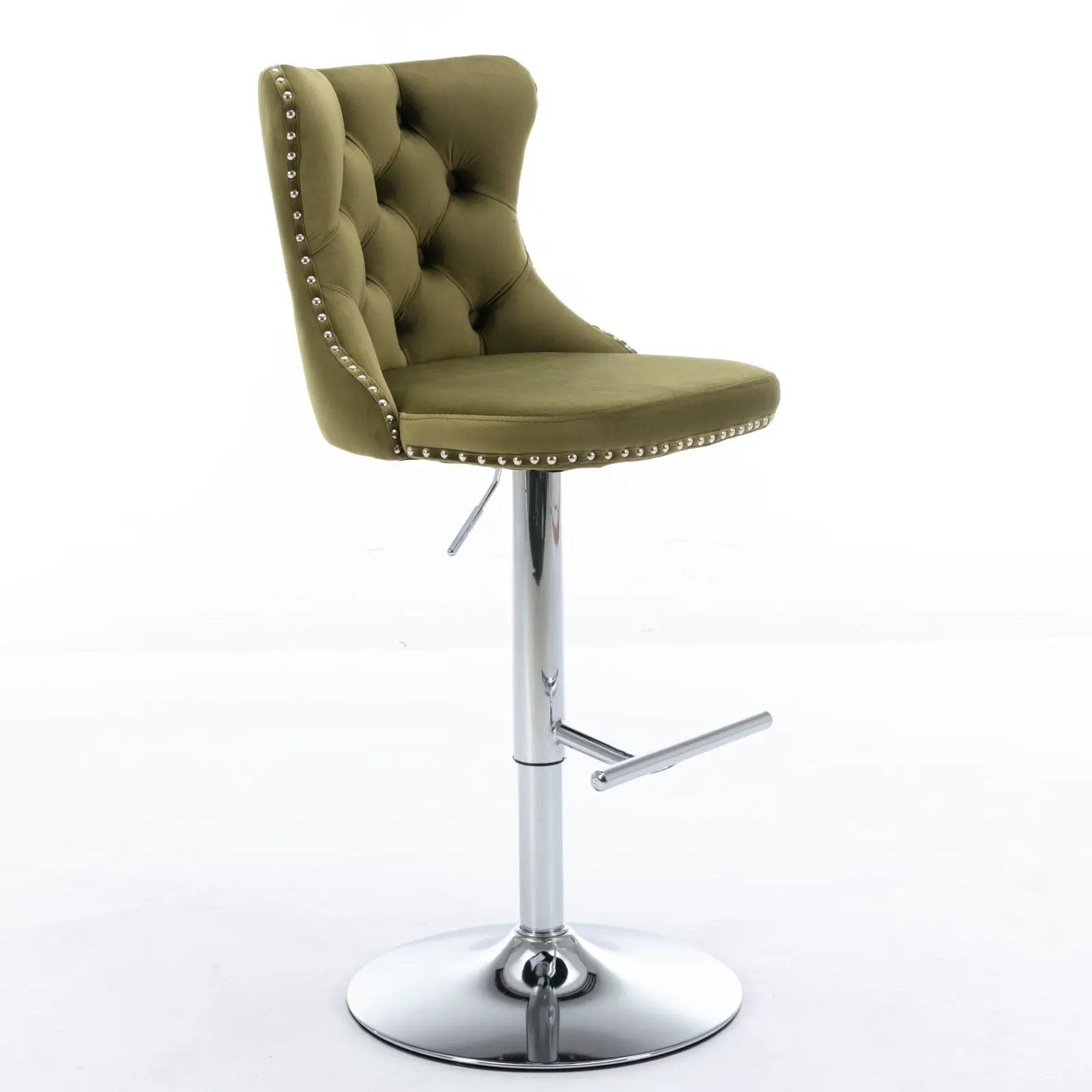 Swivel Bar Stool olive-green tufted seat with back, chrome pedestal base, adjustable height on Tampa Home & Garden Store