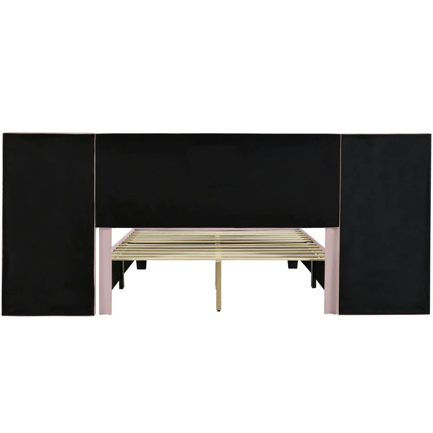 Upholstered platform bed with large black headboard, pink legs, and slat foundation visible on Tampa Home & Garden Store