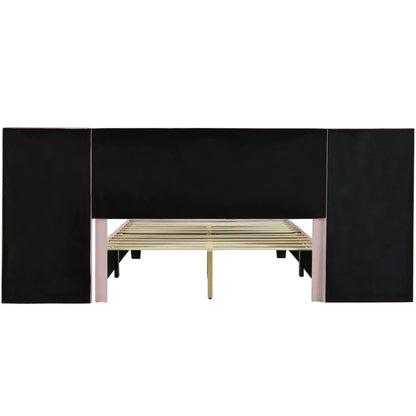 Upholstered platform bed with large black headboard, pink legs, and slat foundation visible on Tampa Home & Garden Store