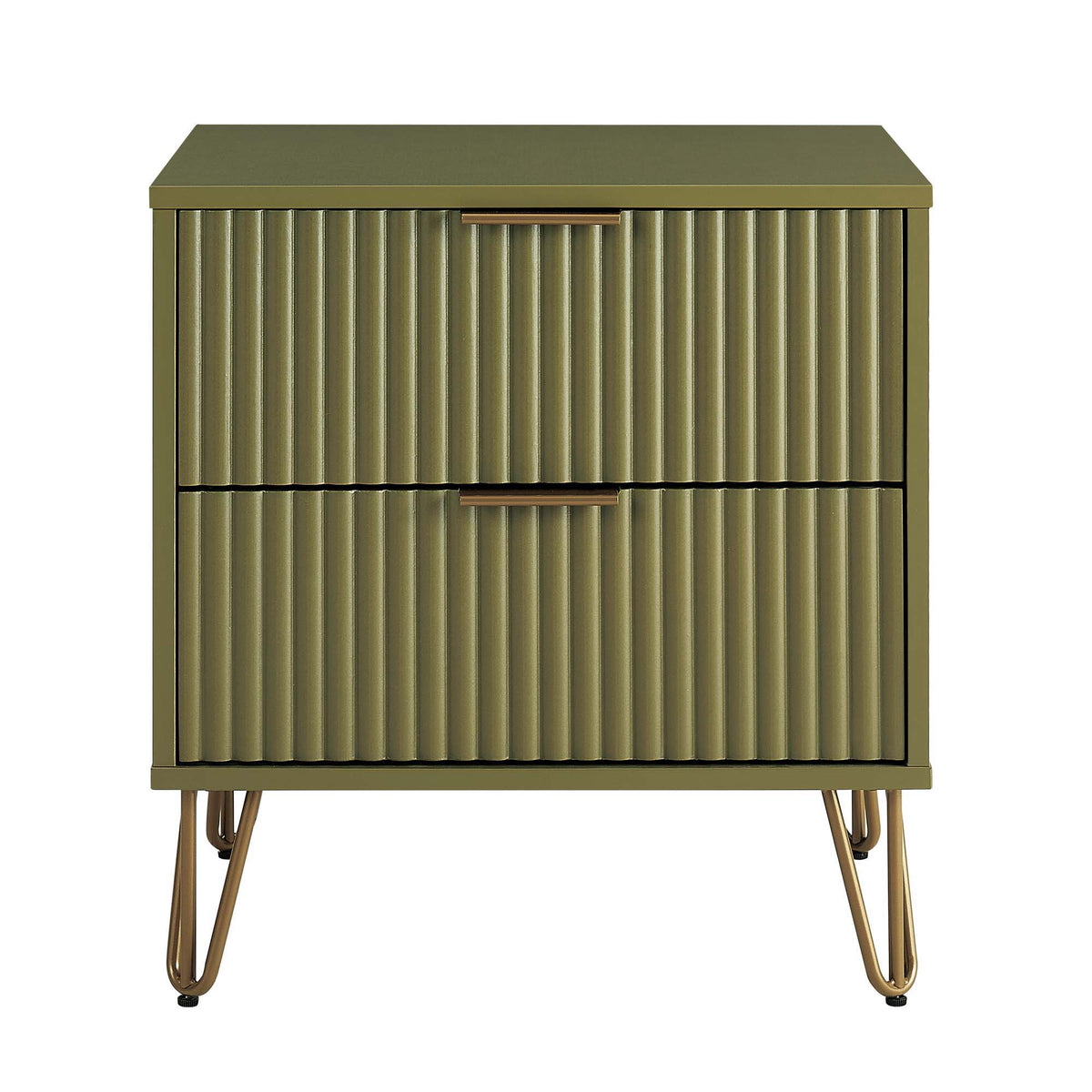 Dumbo Nightstand with 2 fluted drawers in olive green, copper handles on Tampa Home & Garden Store