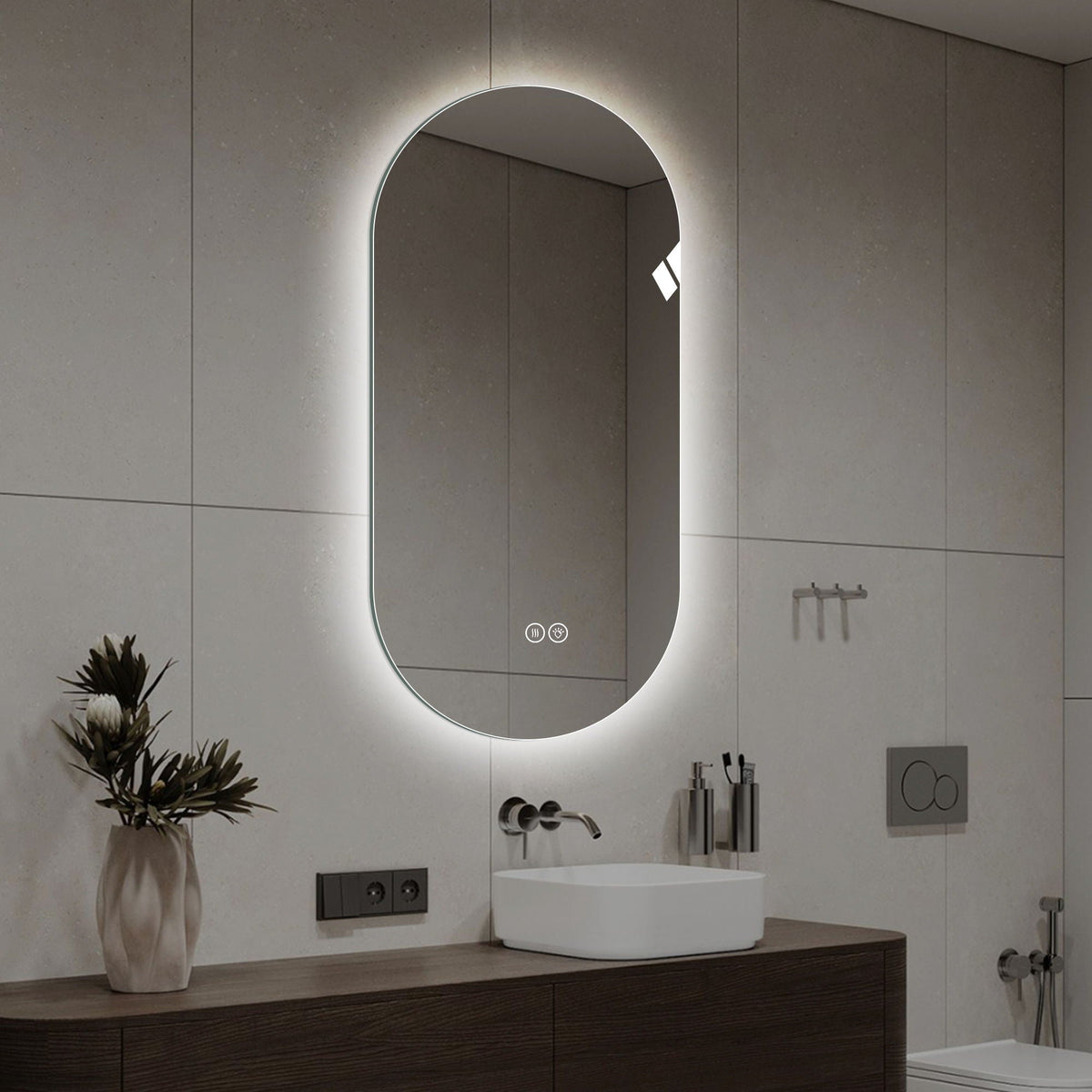 Smart LED wall mirror Pearl Silver by HouseOfZazla, oval backlit vanity mirror with touch control on Tampa Home & Garden Store