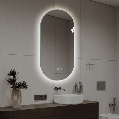 Smart LED wall mirror Pearl Silver by HouseOfZazla, oval backlit vanity mirror with touch control on Tampa Home & Garden Store