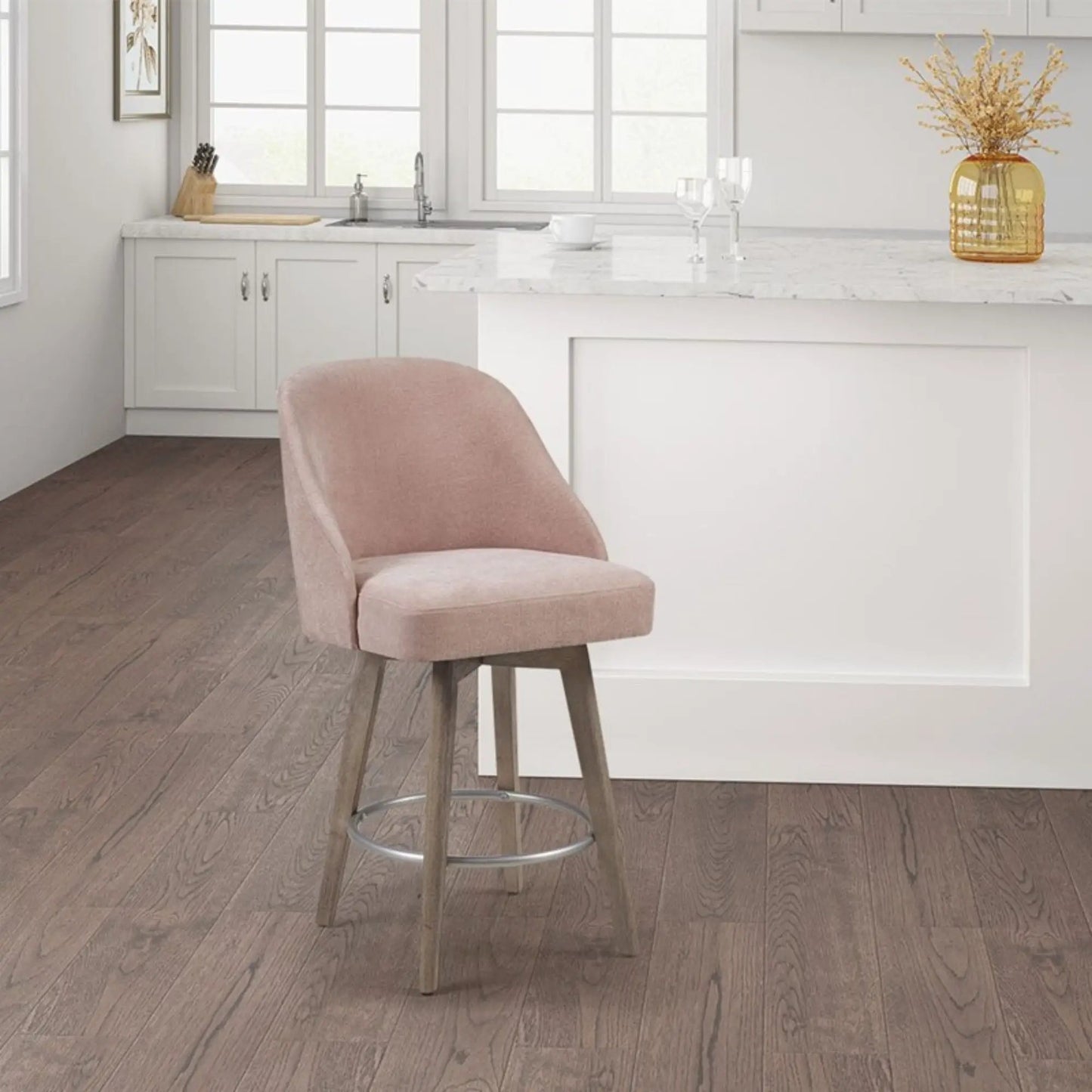Pearce swivel-bar stool, blush-pink fabric, counter-height with wooden legs, metal footrest on Tampa Home & Garden Store
