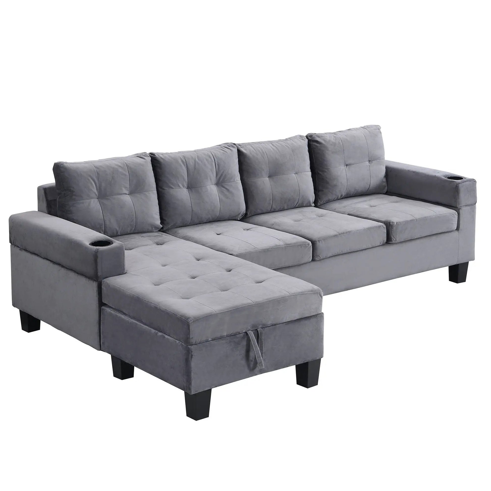 Modern sectional sofa set with L-shaped chaise and storage, gray tufted upholstery on Tampa Home & Garden Store