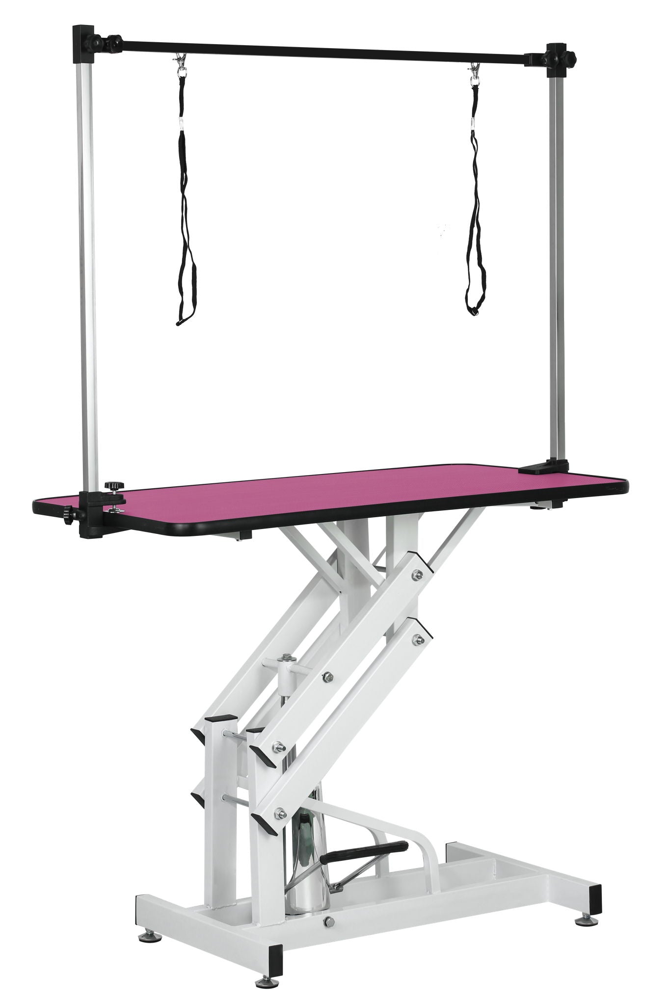 Hydraulic pet grooming table with H-arm, pink grooming surface, white frame by HouseOfZazla on Tampa Home & Garden Store