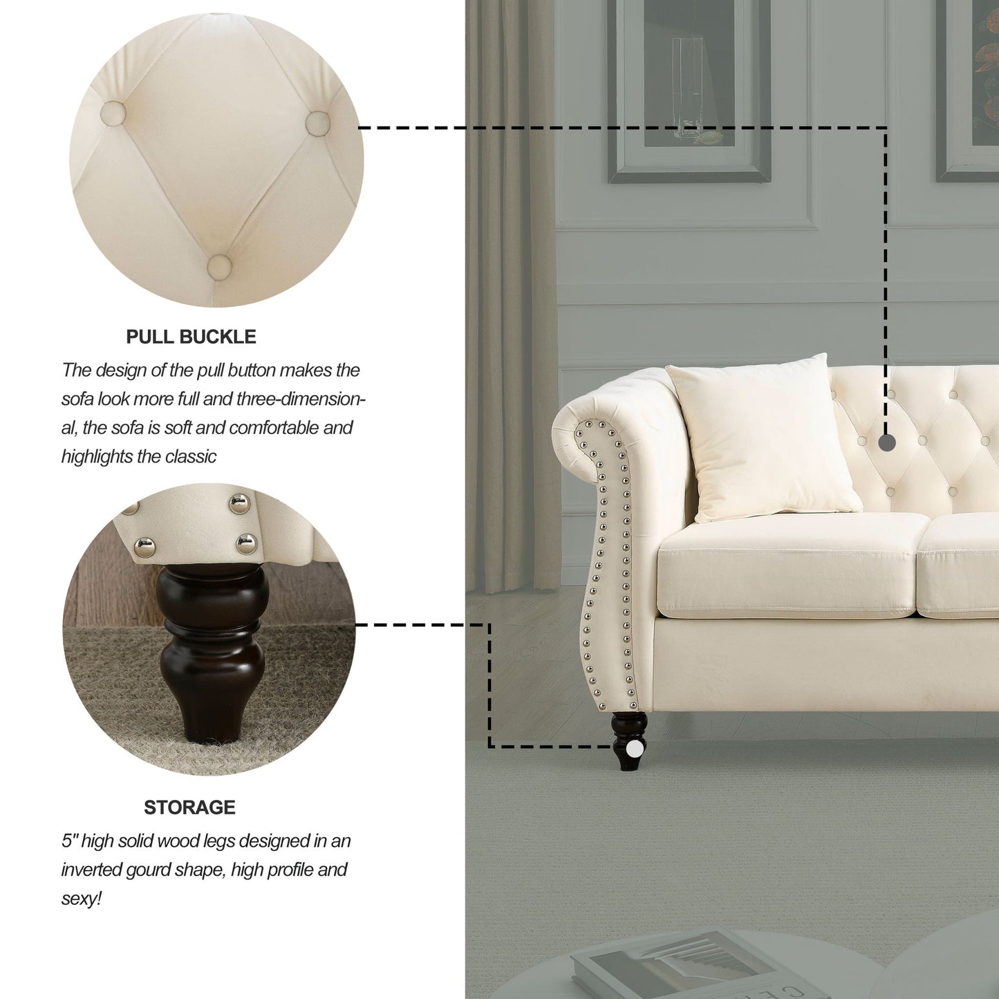 Chesterfield Sofa With Nailhead Trim and Cushions