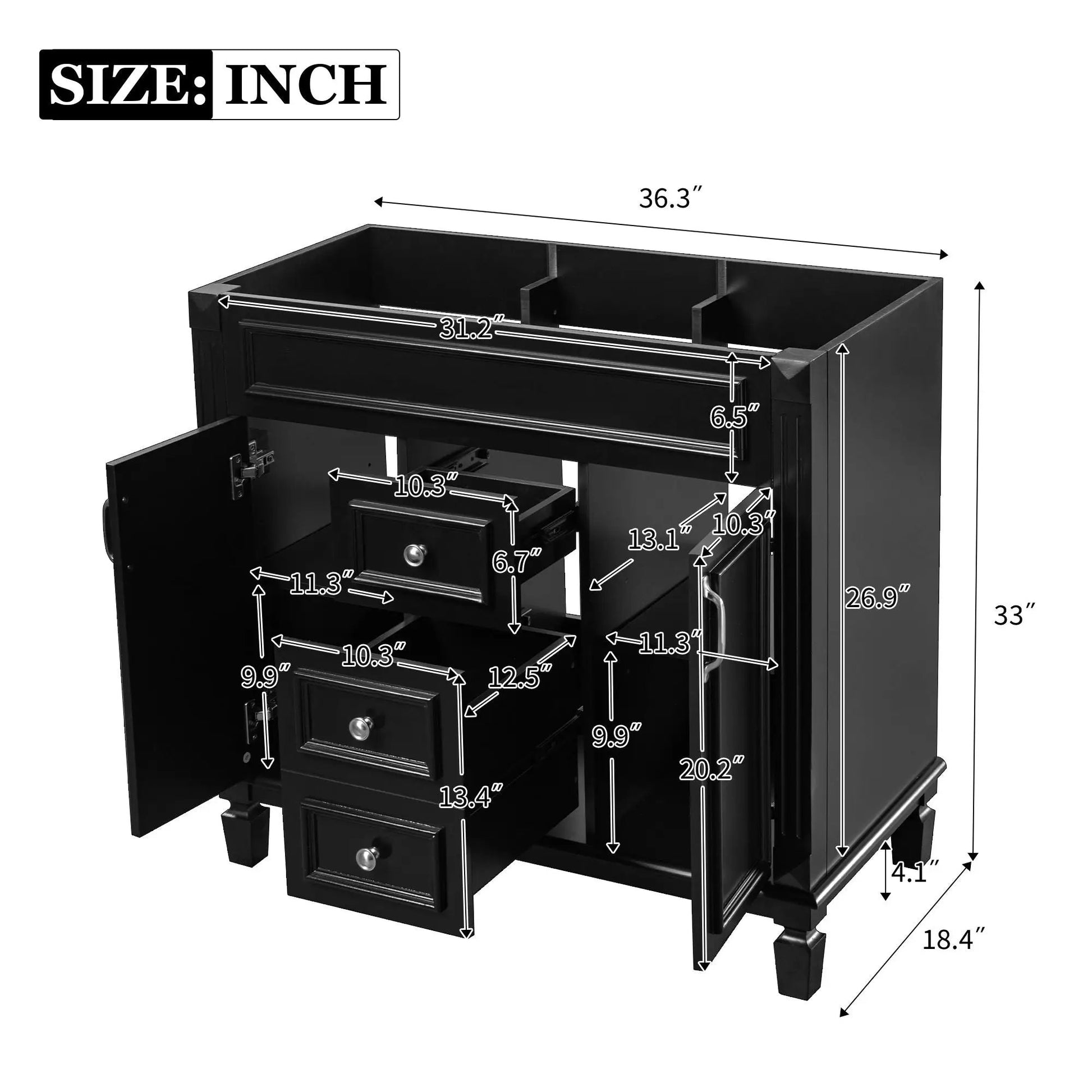 Bathroom vanity base with 2 soft-close doors and 2 drawers, black finish, Unique Piece Furniture on Tampa Home & Garden Store