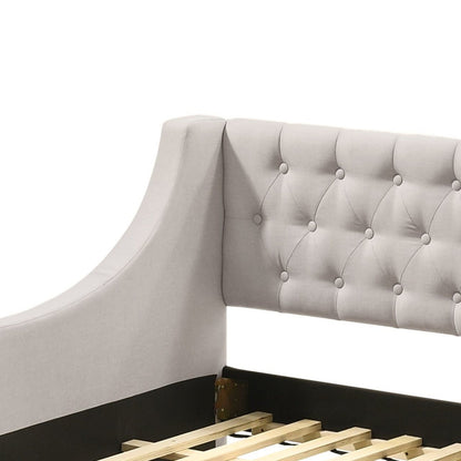 Lianna Fog fabric daybed with trundle twin, gray tufted upholstery and curved arm, wood slats on Tampa Home & Garden Store