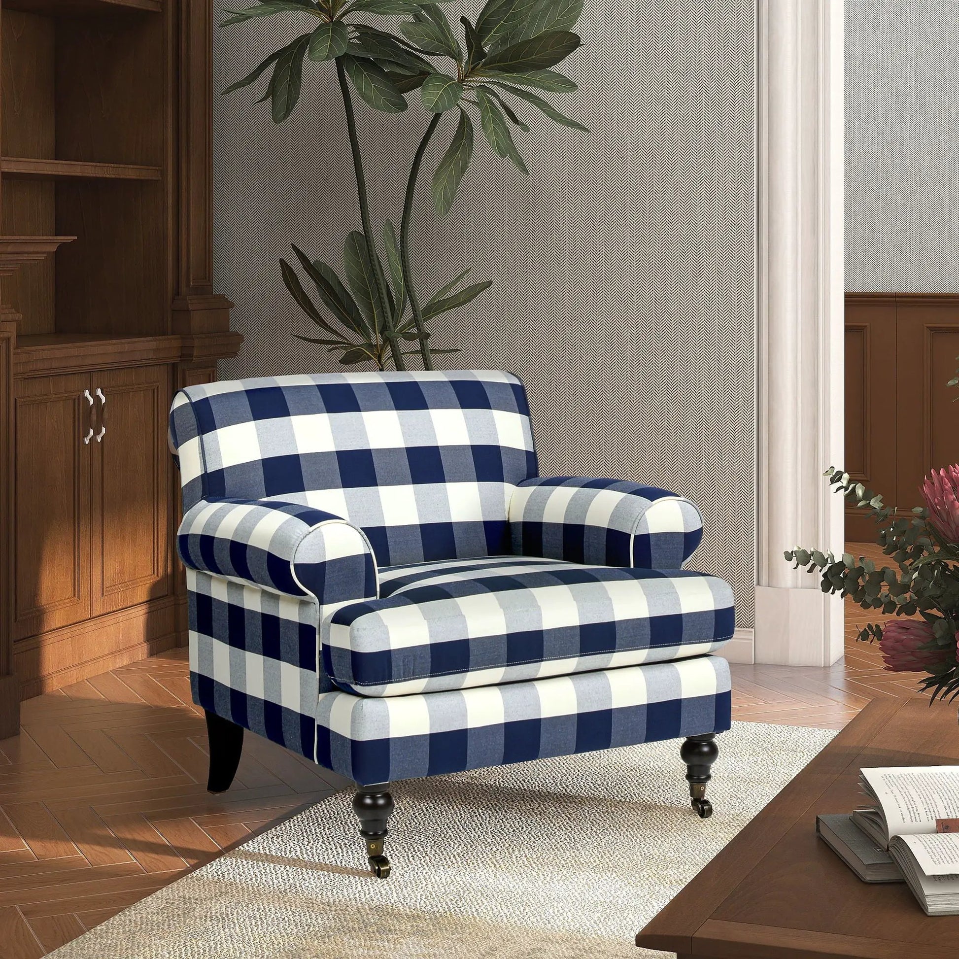 Alana Lawson Accent Arm Chair Casters blue plaid fabric Unique Piece Furniture on Tampa Home & Garden Store