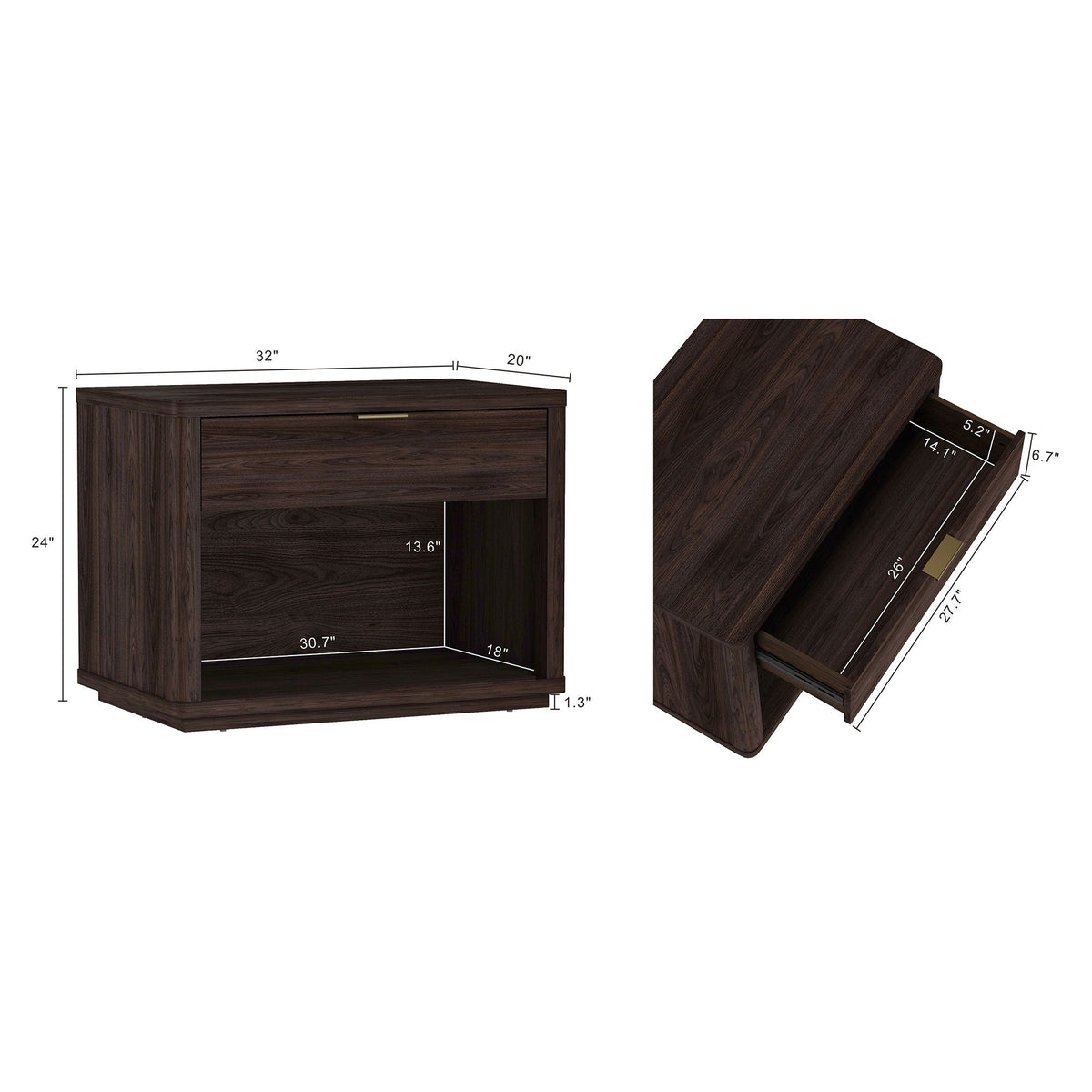 Evelyn Nightstand with 1 Drawer and Open Shelf in dark brown wood by HouseOfZazla on Tampa Home & Garden Store
