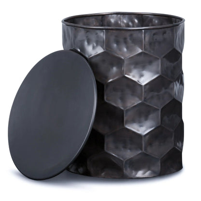 Whitney handcrafted metal storage coffee table in dark hammered finish with round lid on Tampa Home & Garden Store
