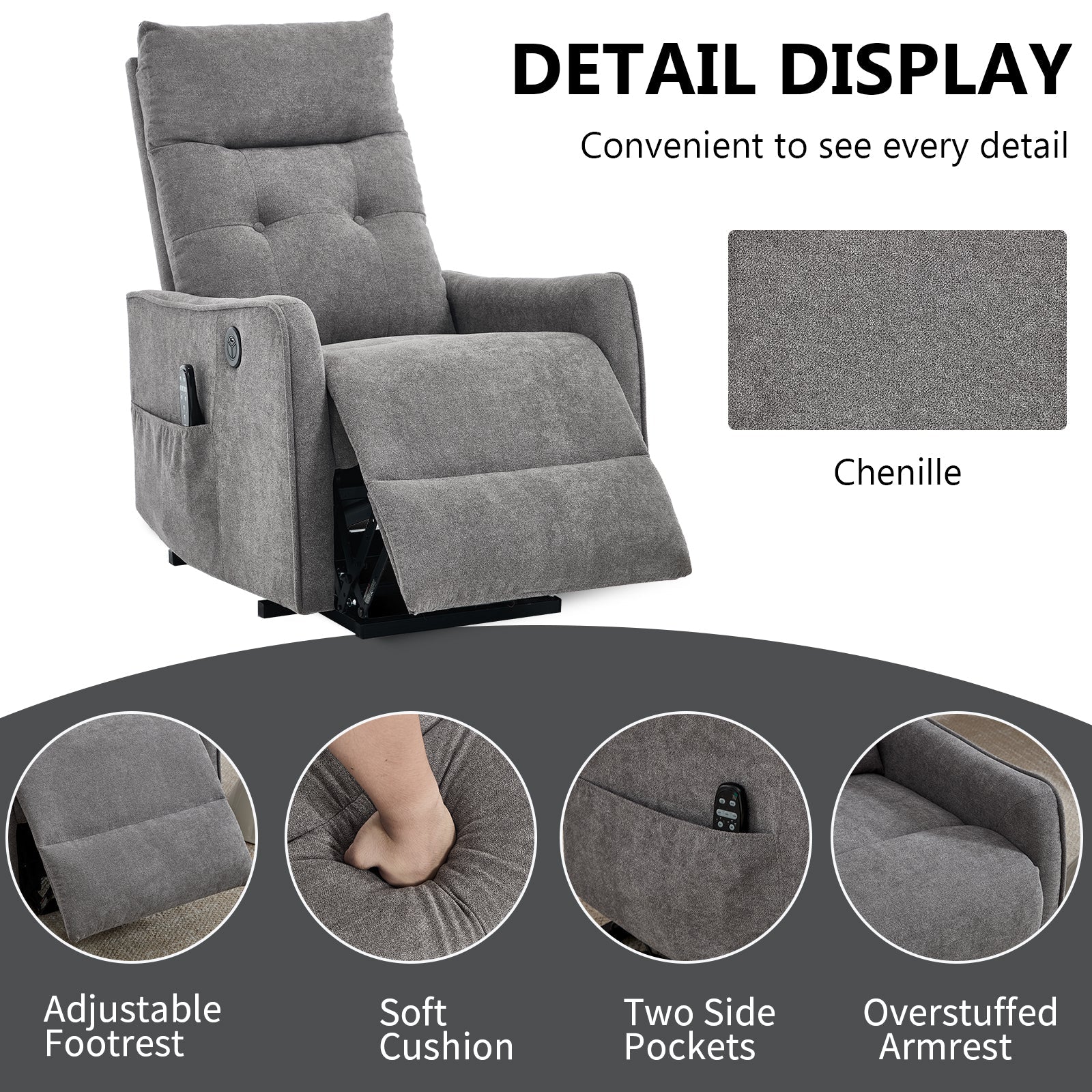 Comfortmax single motor lift recliner chair in grey chenille cushions and adjustable footrest on Tampa Home & Garden Store